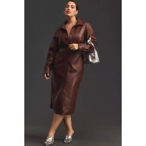 by Anthropologie Fuax Leather Midi Shirt Dress In Brown Size 1X Plus Size